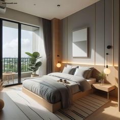 a bedroom with a large bed sitting on top of a wooden floor next to a window