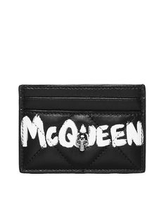 100% Calfskin leather Designer Leather Card Holder With Engraved Logo, Designer Leather Card Holder With Embossed Logo, Alexander Mcqueen Wallet, Alexander Mcqueen Logo, Graffiti Logo, Metal Skull, Quilted Wallet, Black Wallet, Diamond Quilt