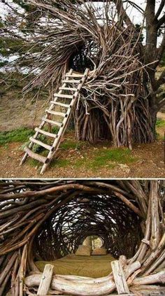 a tree house made out of branches with a ladder going up the top and bottom