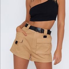 High Waisted Cargo Shorts (Never Worn) Utility Bottoms With Built-in Shorts For Summer, High Waist Summer Cargo Bottoms, High Waist Cargo Bottoms For Summer, Chic Summer Bottoms With Cargo Pockets, Summer Bottoms With Cargo Pockets, Khaki High-waisted Shorts With Belt Loops, Chic Summer Cargo Bottoms, Beige Belted Short Bottoms, High Waist Summer Cargo Shorts