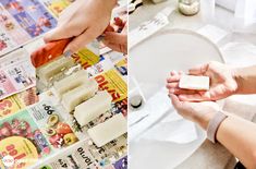 two pictures one showing soap and the other shows handmade soaps being made on paper towels