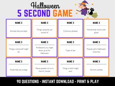 the halloween 5 second game is shown in purple and orange with an image of a witch on