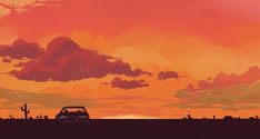 a car is parked in front of an orange sky with clouds and cacti