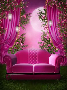 a pink couch sitting in front of a window with curtains and flowers on the outside