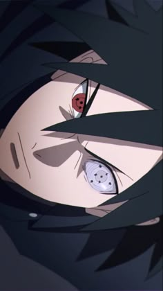 an anime character with black hair and red eyes