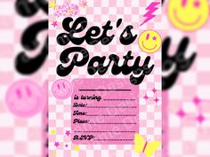 a pink and black party flyer with smiley faces on it's side, in front of checkered background