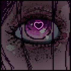 an eye with a heart in the center is seen through a piece of pixel art