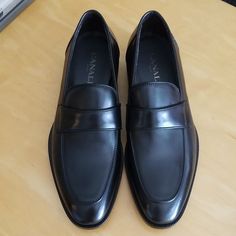 Canali Shoes. Sz 39. Brand New. Black Slip-on Dress Shoes For Formal Occasions, Sleek Black Calf Leather Loafers, Luxury Slip-on Black Leather Shoes, Luxury Leather Shoes With Square Toe For Formal Occasions, Luxury Black Slip-on Leather Shoes, Black Calf Leather Loafers With Almond Toe, Formal Slip-on Loafers With Contrasting Heel, Black Pointed Toe Calf Leather Dress Shoes, Classic Formal Loafers With Branded Heel Counter