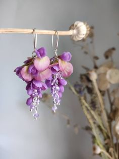 Long Wisteria Earrings Violet Gift for Her Flower Wisteria - Etsy Wisteria Jewelry, Wisteria Earrings, Clay Works, Micro Crochet, Branch Earrings, Premium Jewelry, Nature Earrings, Floral Branch, Polymer Clay Flowers