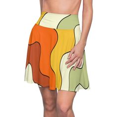 "70's Retro Women's Skater Skirt, Groovy Swirl, Green, Orange, Beige, Funky Fun Apparel. A versatile fit skater skirt with a cozy, soft touch and a casual look. Inspired by the freedom of creativity, it will instantly become your everyday favorite. It is so comfy and cozy you will want to come back for more. I have a few myself and love that I can wear them all year round. In the summer with cute sneaks, or sandles and in the fall and winter with tights and boots. Polyester fibers are extremely Modern Christmas Tree Skirts, Mid Century Modern Jewelry, Long Tee, Tights And Boots, Retro Women, 70s Retro, In The Fall, Green Orange, Tree Skirts