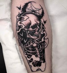 Black and grey horror dark style leg tattoo. Instagram: blackvanillatattoo Coffin Tattoo, Art Skeleton, Leg Tattoo, Leg Tattoos