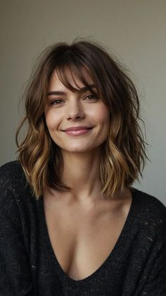 Short Layered Haircuts Dark Hair, Mid Length Hair With Choppy Layers, Shoulder Length Hair Cuts With Layers And Curtain Bangs, Collar Length Hair Layers, Shoulder Length Hair Choppy Layers, Hair Cuts Side Bangs, Above The Shoulder Haircut With Bangs, Fun Medium Length Hairstyles, Shoulder Length Hair Cuts With Layers For Wavy Hair Medium