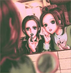 two girls looking at their reflection in a mirror with one holding her hand up to her face