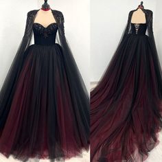 Gothic Black and Red Sweetheart Wedding Dresses with Cape Appliques Bridal Gowns | eBay Gothic Fall Wedding Dress, Black Burgundy Wedding Dress, New Orleans Style Wedding Dress, Evil Queen Prom Dress, Emo Dresses Prom Goth, Fairy Inspired Dress Gowns, Villian Wedding Dress, Viking Wedding Dress Black, Dark Red Wedding Dress Goth