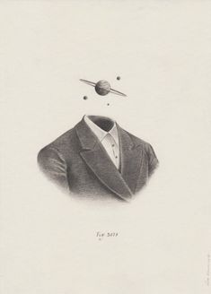 a drawing of a man in a suit and tie with an object above his head