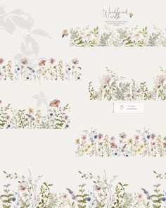 four floral borders with birds and flowers on them in pastel colors, set against a white background