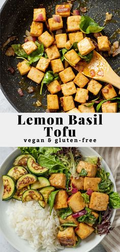 lemon basil tofu with vegetables and rice in a skillet