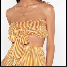 Nasty Gal Yellow Stripe Bandeau Size Xs New With Tags Closet B2 Vacation Bandeau Tube Top With Built-in Bra, Strapless Summer Crop Top With Built-in Bra, Strapless Crop Top With Built-in Bra For Summer, Bandeau Crop Top With Built-in Bra For Day Out, Day Out Bandeau Crop Top With Built-in Bra, Flirty Cropped Tube Top For Summer, Strapless Halter Top With Built-in Bra For Vacation, Chic Bandeau Crop Top For Day Out, Chic Strapless Halter Top For Vacation