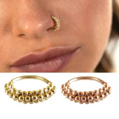 14k Yellow / Rose Gold Nose Hoop Ring, Indian Tribal Style, 16g-20g, Unique Handmade Piercing Jewelry. Unique feminine nose ring for the stylish individual.  Intended to highlight pretty features in your appearance or to add a cool edge to your style This nose ring is easy and comfortable to wear. Though beautiful, it adds a subtle twinkle of light to any simple everyday outfit. The fact that it is understated, makes it work for anyone, whether boho-chic style or even elegant hipster.  Upgrade y 14k Gold Septum Ring With Halo Detail, 14k Gold Septum Ring With Halo, Rose Gold 14k Hoop Septum Ring, 14k Gold Halo Septum Ring, Gold Hypoallergenic Septum Ring For Anniversary, Gold 14k Hoop Septum Ring, Nickel-free 14k Gold Hoop Rings, Gold Hoop Rings With Halo Detail, Gold Stackable Septum Ring