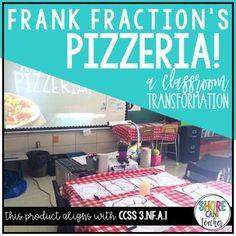 this is an image of a classroom with a pizza on the table and words frank fraction's pizzeria