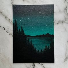 an acrylic painting of the night sky over a lake with trees on it