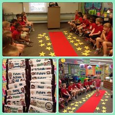 several pictures of children sitting on chairs in front of a red carpet with yellow stars