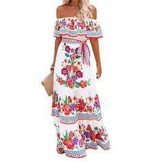 Description: Gender: Women Woman, Ladies Lady, Female Style: Women Summer Beach Dress, Women Sun Dress, Womens Strapless Off Shoulder Dress, Women Floral Maxi Dress, Women Swing Flared Dress, Women Flowy Dress, Women Vintage Dress, Women Elegant Dress Pattern Type: Floral Printed Color: Floral, Black Peony, Blue Peony, Red Flower (Optional) Size: S, M, L, XL, 2XL, 3XL (Follow the size chart to select please) Material: 65%Polyester, 35%Cotton Neckline: Off Shoulder Dress Length: Maxi Sleeve Lengt