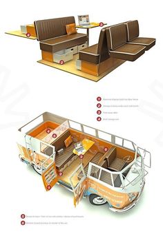 the interior and exterior of an old bus with seating on each seat is shown in three different views