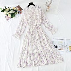 Fabric: Chiffon Style: commuting Size: s, m, l, XL, 2XL Color: yellow, purple, black, pink Casual Purple Chiffon Dress, Feminine Long Sleeve Chiffon Midi Dress, Feminine Chiffon Midi Dress For Daywear, Spring Long Sleeve Pleated Chiffon Dress, Spring Pleated Long Sleeve Chiffon Dress, Pleated Long Sleeve Chiffon Dress For Spring, Long Sleeve Pleated Chiffon Dress For Spring, Chiffon Midi Dress With Long Sleeves For Daywear, Chiffon Long Sleeve Midi Dress For Daywear