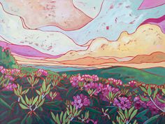 a painting of pink flowers in the foreground and an orange sky with clouds above