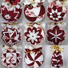 twelve red and white christmas baubles with gold ribbons on the top, all decorated in different designs