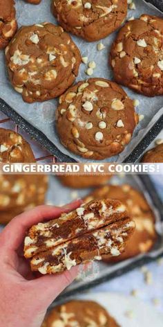 a person holding a cookie in front of some cookies on a baking sheet and another one with white chocolate chips