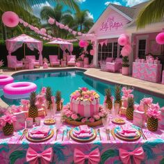 a pink and blue pool party with pineapples on the table, cake and decorations