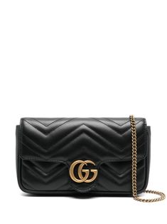 black calf leather matelassé effect press-stud fastening detachable chain-link shoulder strap signature Double G logo slip pocket to the rear main compartment detachable wallet internal card slots debossed internal logo suede lining This piece comes complete with a protective dust bag. Gg Marmont Mini Bag, Mini Bag Black, Gucci Gg Marmont Mini, Double G Logo, Gg Marmont Mini, Gucci Mini, Gucci Crossbody Bag, Gucci Crossbody, G Logo