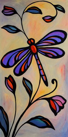 a painting of a dragonfly sitting on top of a plant