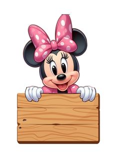 a minnie mouse holding a wooden sign