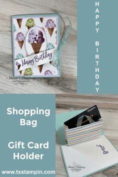 a birthday card with an ice cream cone on it and the words, shopping bag gift card holder