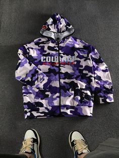 Men's Camouflage Zip-Up Sweatshirt Sport Collegiate Print Hooded Sweatshirt, Going Out Street Wear Zipper Long Sleeve Hoodie, For Friends, Husband, Boyfriend Gifts Purple Casual  Long Sleeve Fabric Letter,Camo,All Over Print  Medium Stretch  Men Clothing, size features are:Bust: ,Length: ,Sleeve Length: Sporty Camouflage Hoodie With Drawstring Hood, Camouflage Hoodie Sweatshirt For Streetwear, Long Sleeve Camouflage Hoodie For Streetwear, Hoodies Purple, Urban Camouflage Long Sleeve Hoodie, Camouflage Military Hooded Long Sleeve Jacket, Fabric Letters, Zip Up Hoodies, Men Clothing