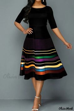 Olivia Mark - Stylish O Neck A Line Dress with Black and Yellow Print Patchwork - Casual and Fashionable Striped Print Dresses, International Relations, Half Sleeve Dresses, Elegant Dresses For Women, Round Neck Dresses, Midi Dress Casual, Midi Dress With Sleeves, African Fashion Dresses, Knee Length Dresses