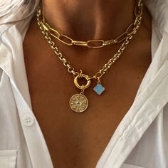 Gold Round Spring Clasp Necklacegood Vibes - Etsy Evil Necklace, Necklace Evil Eye, Charms Necklace, Clasp Necklace, Baroque Pearl Necklace, Dope Jewelry, Chunky Jewelry, Cz Necklace, Protection Necklace