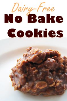 no bake cookies on a white plate with text overlay reading dairy - free no bake cookies