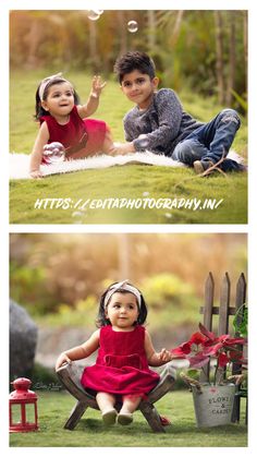 two children are sitting on the grass and one is playing with bubbles in the air