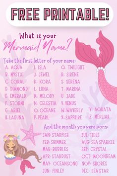 This pink printable features a cute pink mermaid drawing and a close up of a pink mermaid tail. Its a printable game where you use the first letter of your name and the month you were born to discover your Mermaid Name. Your Mermaid Name, Mermaid Birthday Party Decorations Diy, Mermaid Party Games, Mermaid Party Food, First Letter Of Your Name, Mermaid Costume Diy, Mermaid Names, Mermaid Tails For Kids, Mermaid Birthday Party Decorations