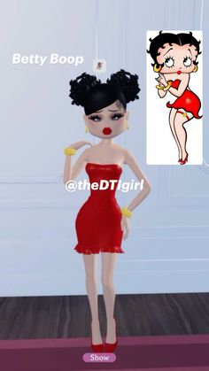 an animated woman in a red dress with her hand on her hip and the words betty boop at the bottom