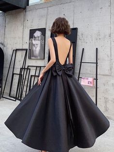 Black Satin Backless Tea Length Vintage Style Party Dress, Black Short – BeautyDressy