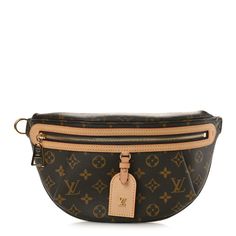 This is an authentic LOUIS VUITTON Monogram High Rise Bumbag. This belt bag is crafted of Louis Vuitton monogram coated canvas in brown with vachetta leather accents including zipper tape and a removable luggage tag. The bag features a front zipper pocket, a rear zipper pocket, and an adjustable beige fabric strap stitched with "Louis Vuitton". The main zipper opens to a white monogram fabric interior. Designer Monogram Canvas Bag With Zipper Pocket, Luxury Coated Canvas Belt Bag For Everyday, Brown Monogram Canvas Bag With Zipper Pocket, Luxury Belt Bag With Zipper Pocket, Luxury Belt Bag With Removable Pouch In Coated Canvas, Luxury Brown Belt Bag With Removable Belt, Designer Brown Belt Bag For Travel, Luxury Brown Monogram Canvas Belt Bag, Luxury Monogram Canvas Belt Bag For Travel