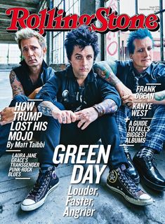 the cover of rolling stone magazine with two men sitting in front of them and one is wearing