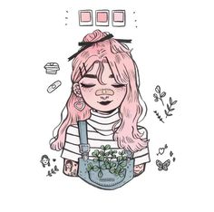 a drawing of a girl with pink hair holding a potted plant in front of her face