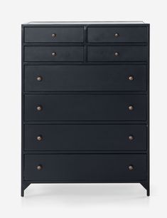 a black dresser with brass handles and drawers