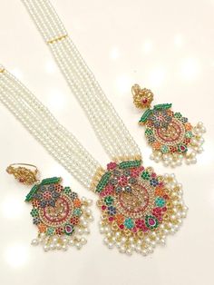 Mala set with earrings Elegant Multicolor Sets With Stone Work, Elegant Multicolor Bridal Sets With Stone Work, Elegant Multicolor Bridal Sets For Festive Occasions, Wedding Sets With Stone Work In Multicolor, Multicolor Wedding Sets With Stone Work, Multicolor Wedding Set With Stone Work, Heavy Multicolor Wedding Sets, Heavy Multicolor Bridal Sets For Wedding, Elegant Multicolor Wedding Sets